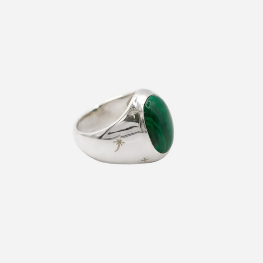 Silver ring with a green stone on a white background