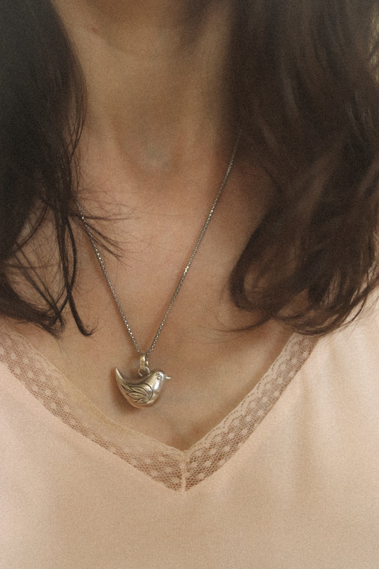 Close-up of a necklace with a pendant worn by a person with dark hair and a light-colored top.