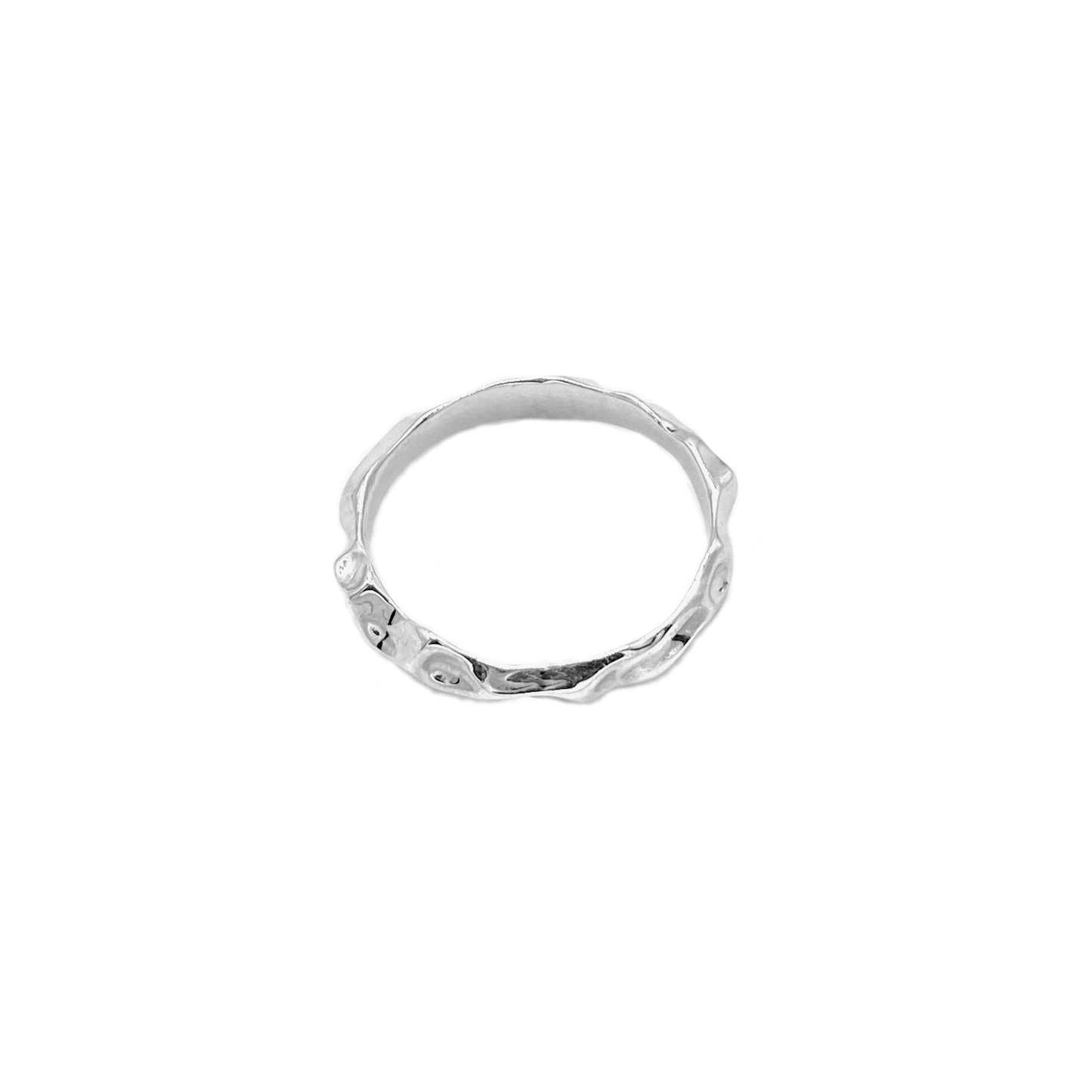 A delicate silver ring with a twisted band design, displayed against a white background.