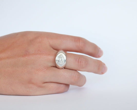 Hand wearing a silver ring with a detailed design on a white background
