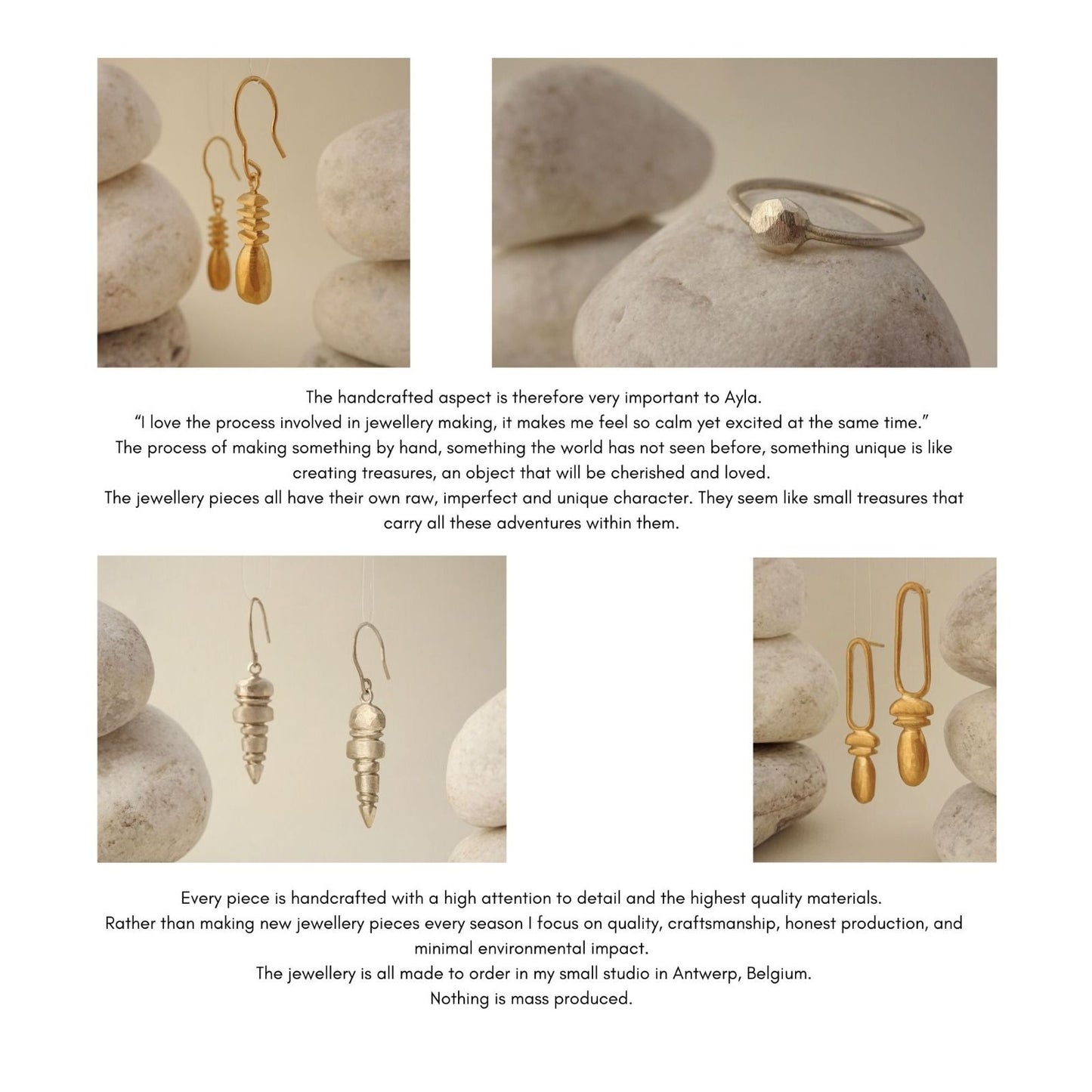 Jewelry pieces displayed on stones with descriptive text about craftsmanship and uniqueness.