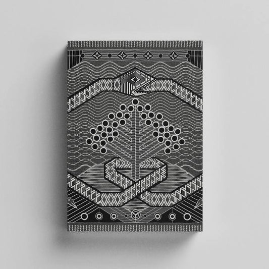 A rectangular product with a black and white geometric pattern, centered on a light gray background.