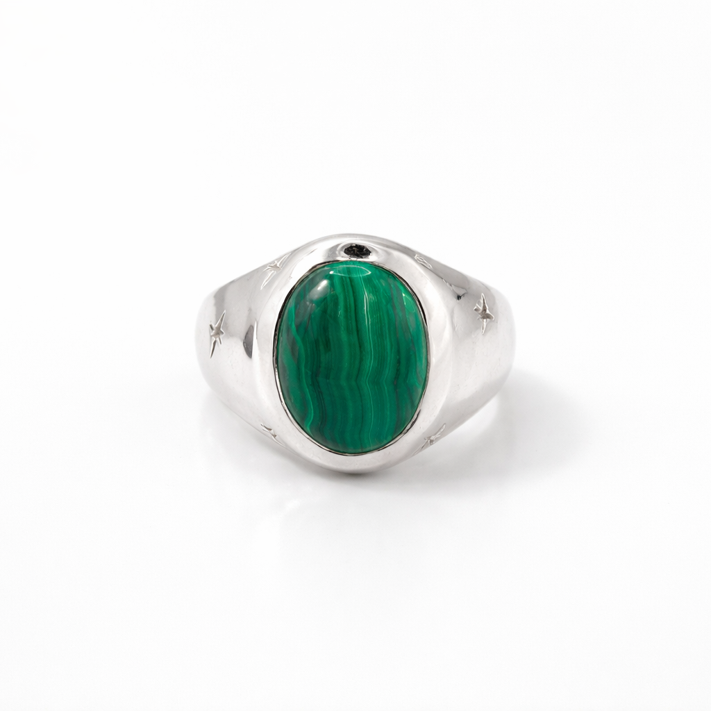 Silver ring with a green stone on a white background