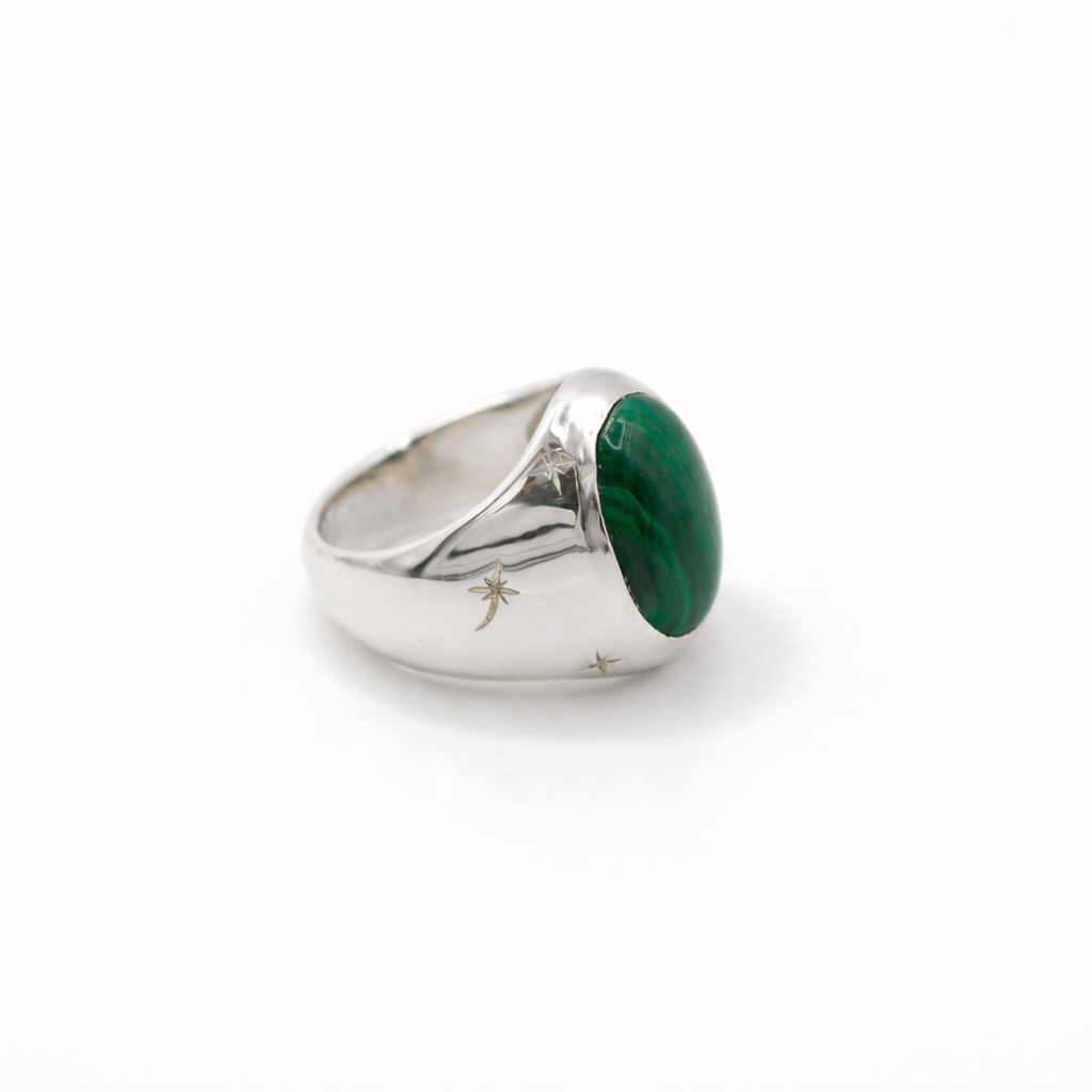 Silver ring with a green stone on a white background