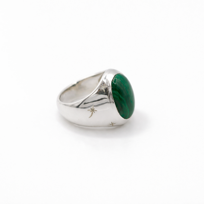 Silver ring with a green stone on a white background
