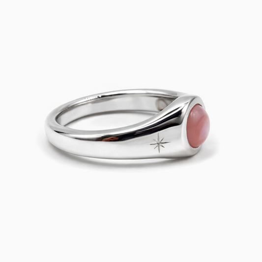Silver ring with a pink stone on a white background
