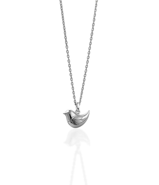 Silver bird-shaped pendant on a chain against a white background