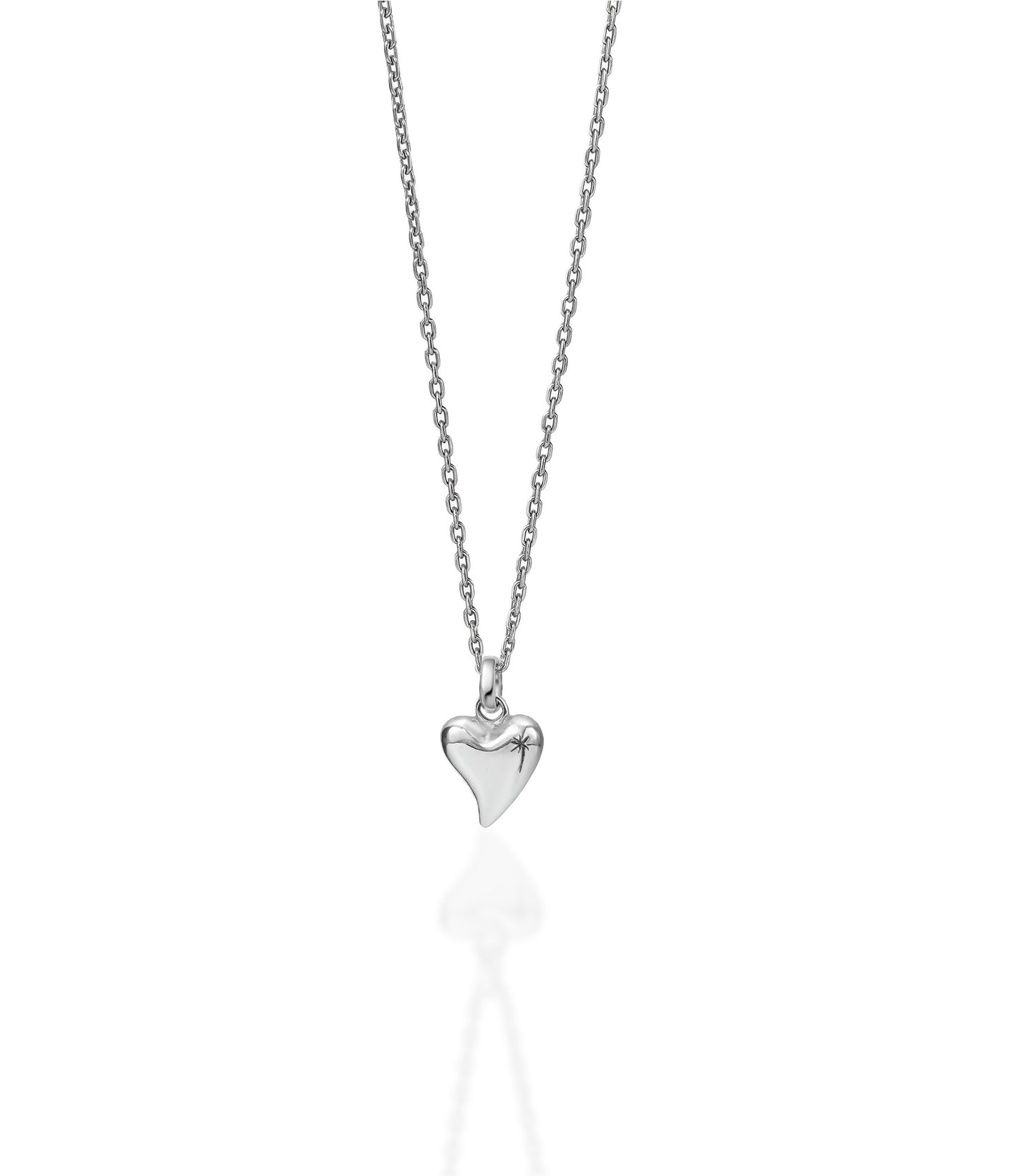 Silver heart-shaped pendant on a chain against a white background