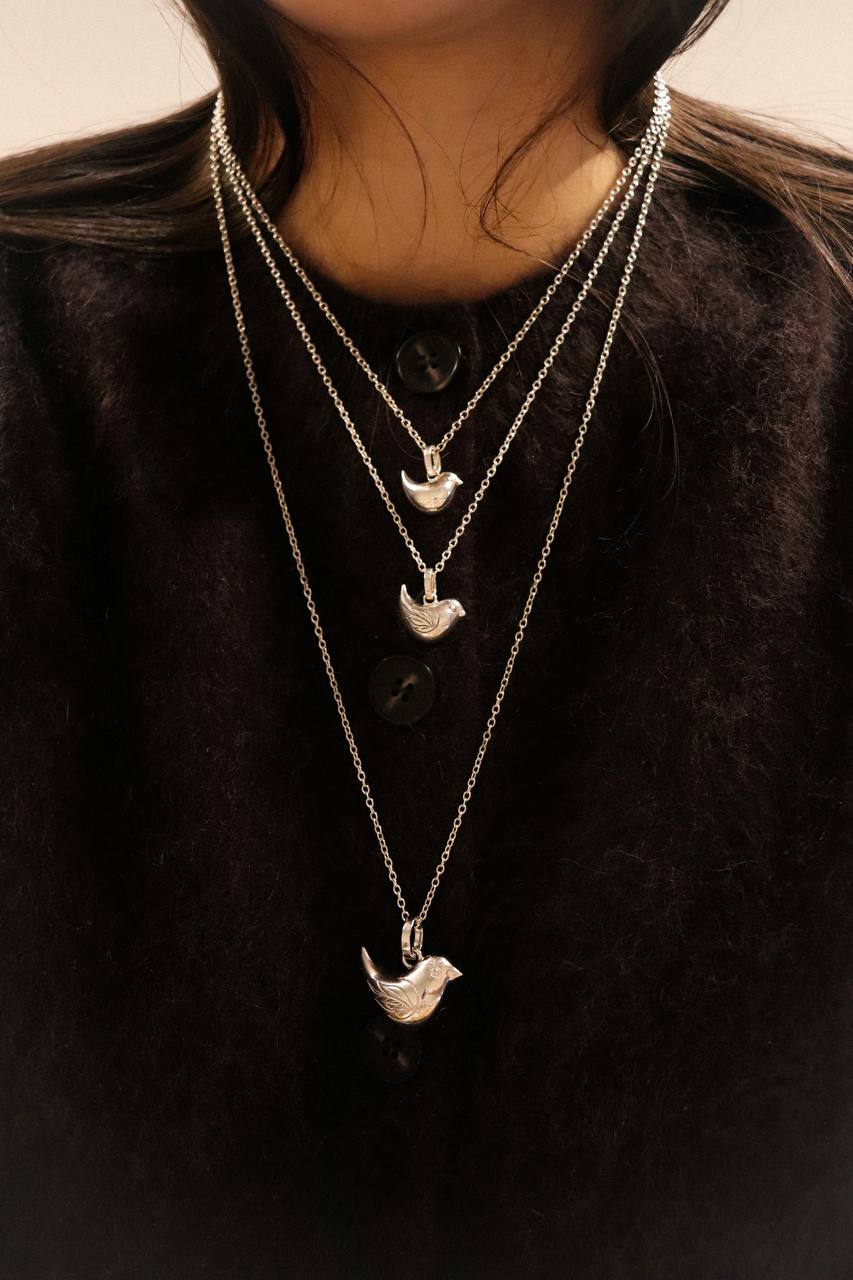 Close-up of layered necklaces with bird pendants on a dark background