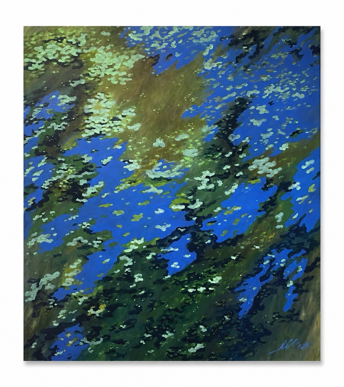 An abstract painting featuring textured brushstrokes of vibrant blue, deep green, olive gold, and dark charcoal gray, with small light green highlights.