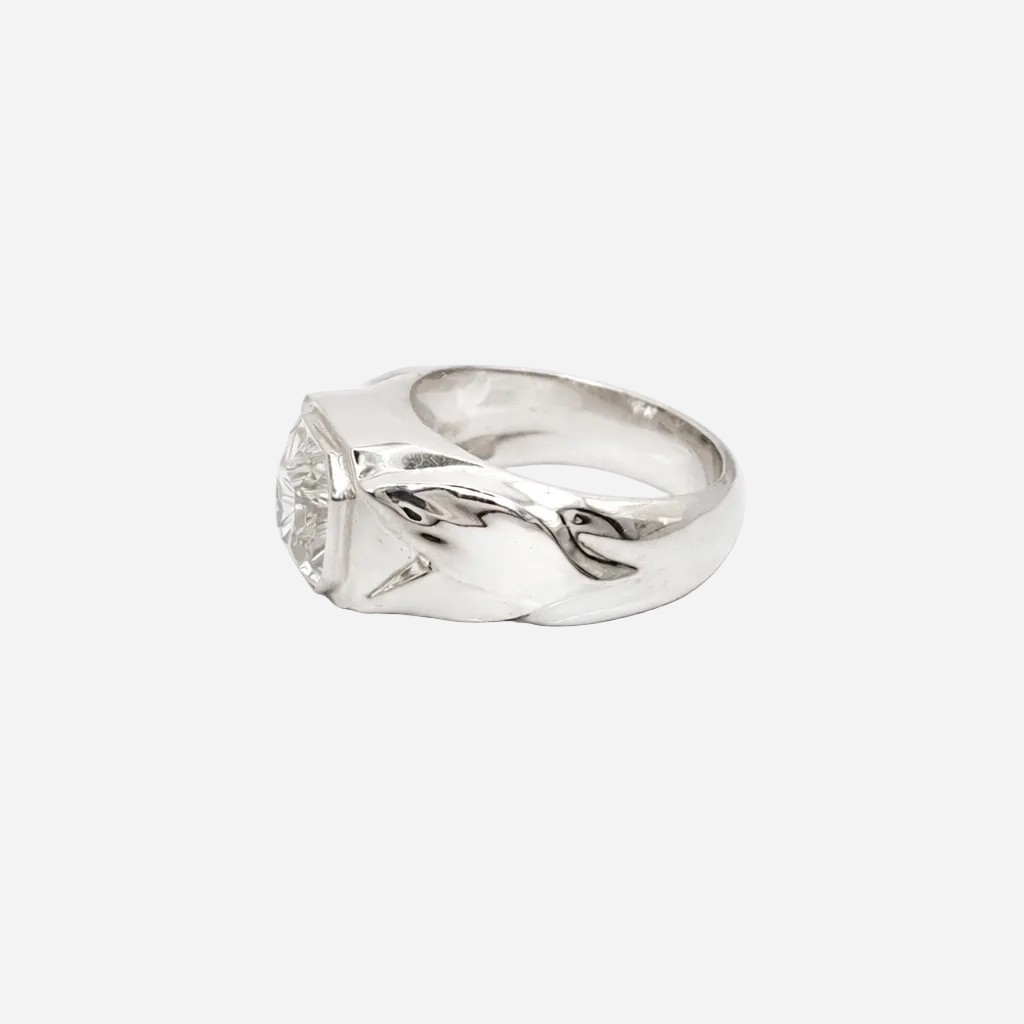 Silver ring with a diamond on a white background