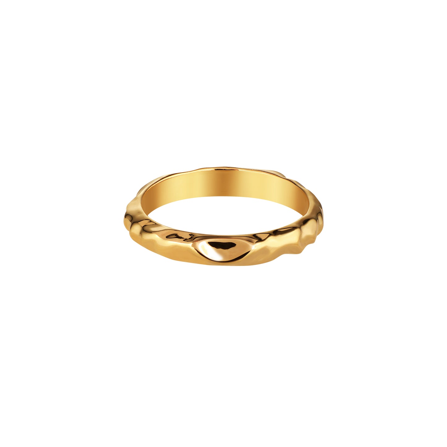 A gold band ring with a textured finish and a special indentation designed to fit with an engagement ring.