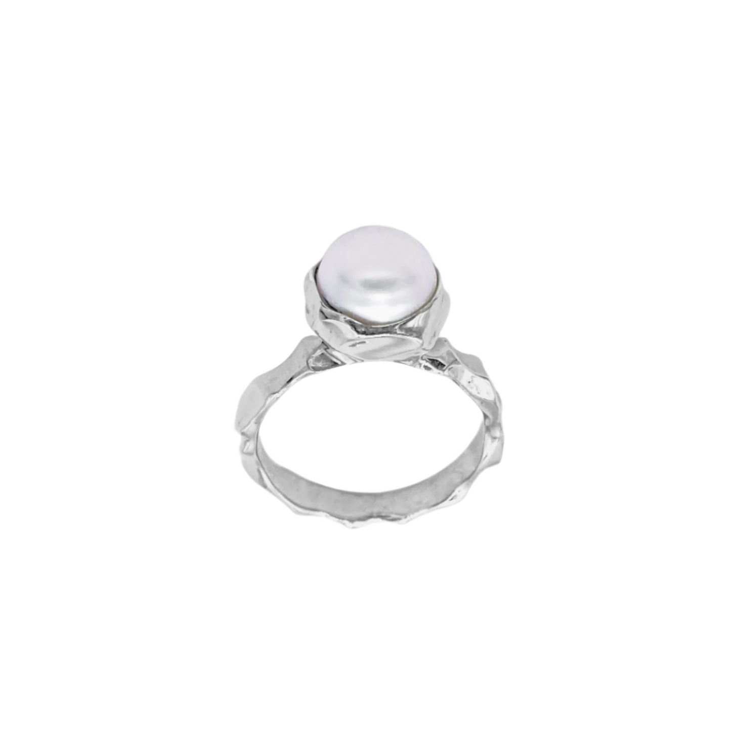 A polished silver ring with a large freshwater pearl set in the center, against a white background.