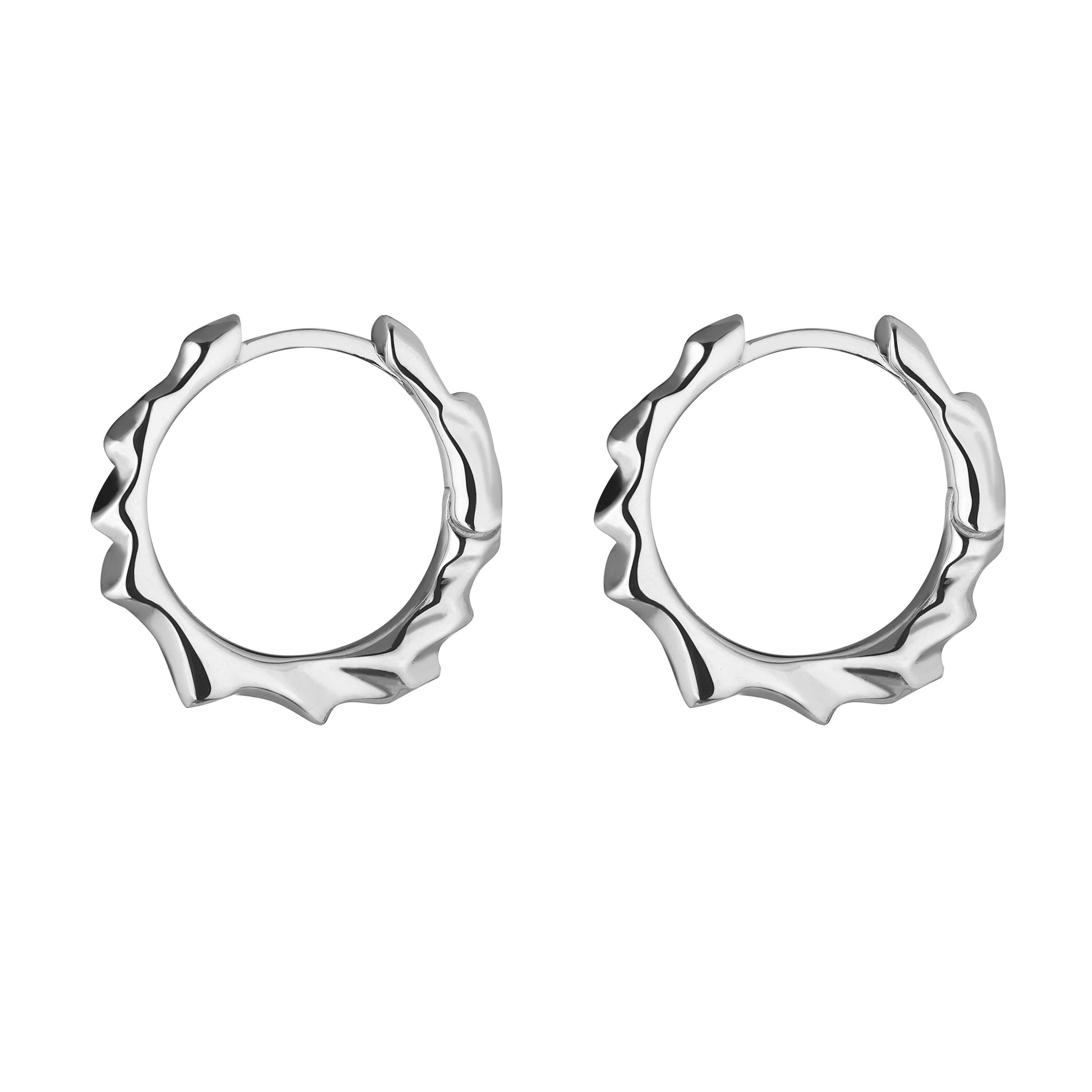 A pair of silver hoop earrings with a polished finish.