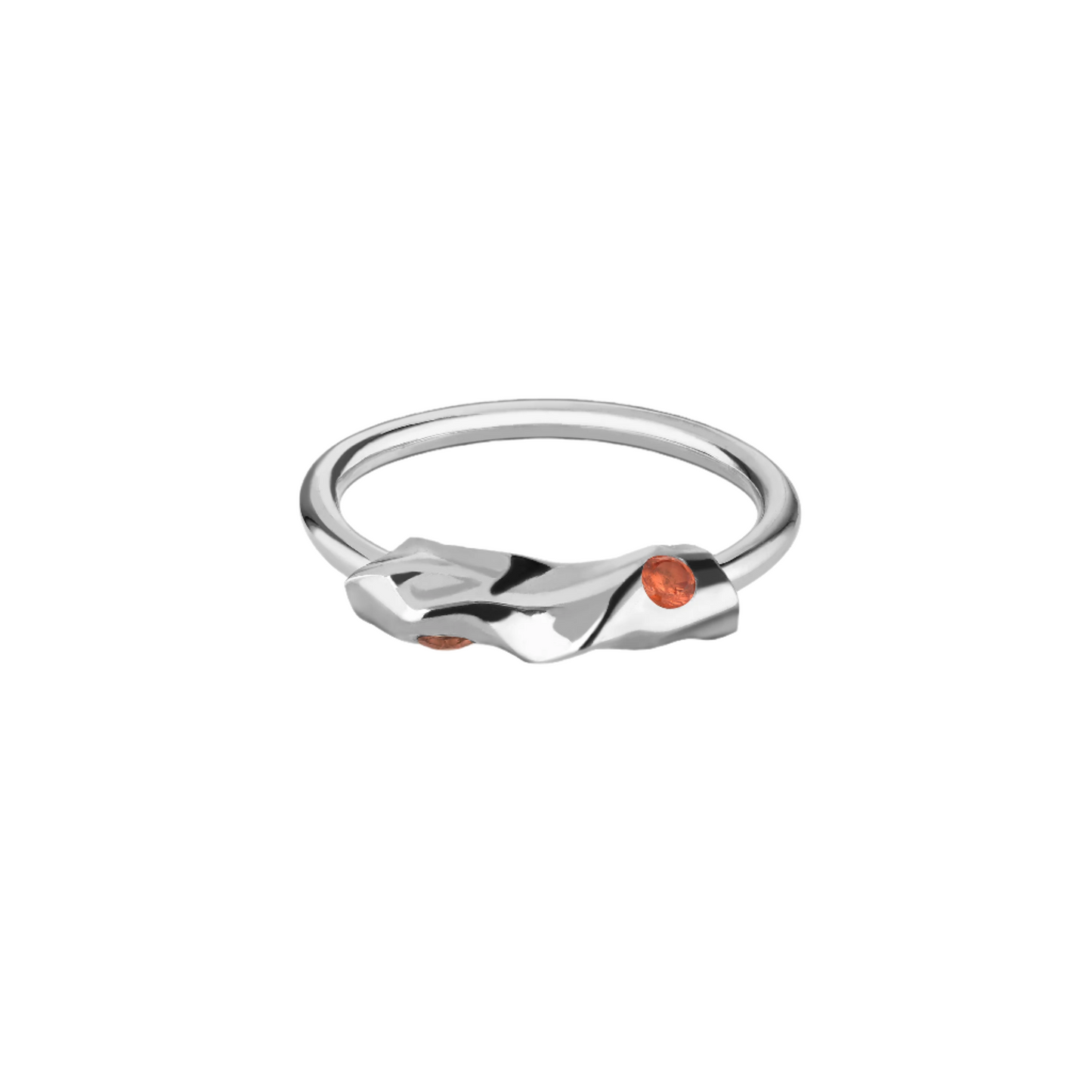 A silver ring with a sand-dune inspired relief and round cut orange sapphires