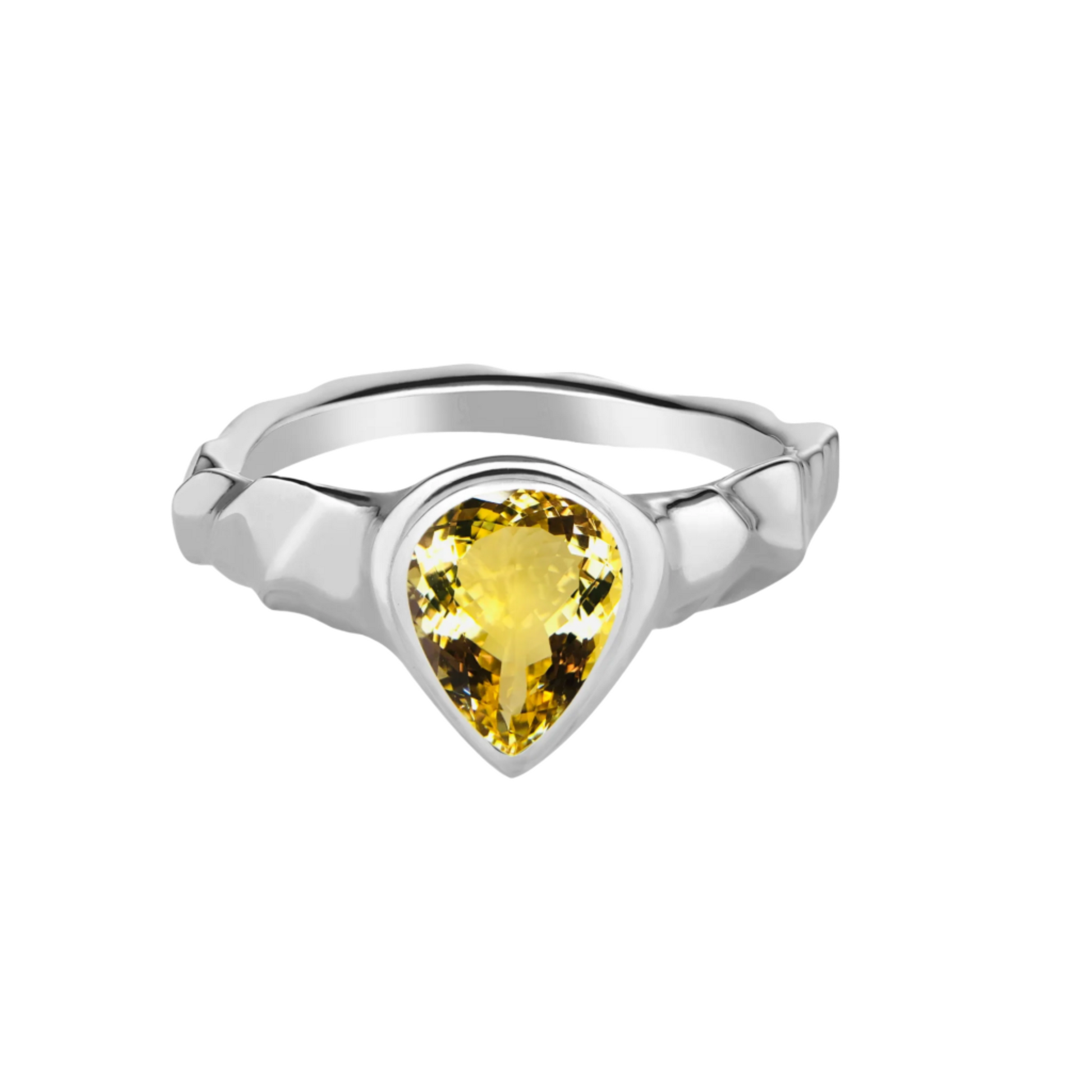 A Rhodium Plated 925 Silver ring with a pear cut yellow Heliodor gemstone.