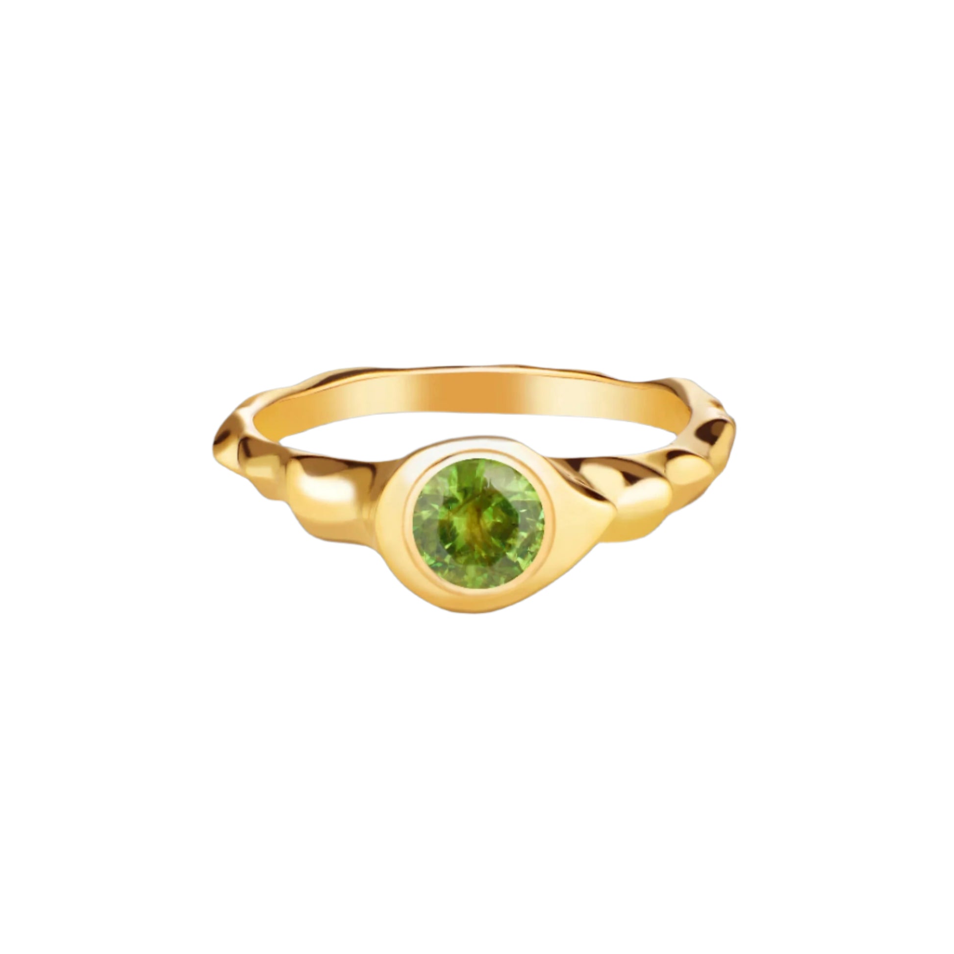 A 14k yellow gold ring with a round cut demantoid gemstone set in the center, against a white background.