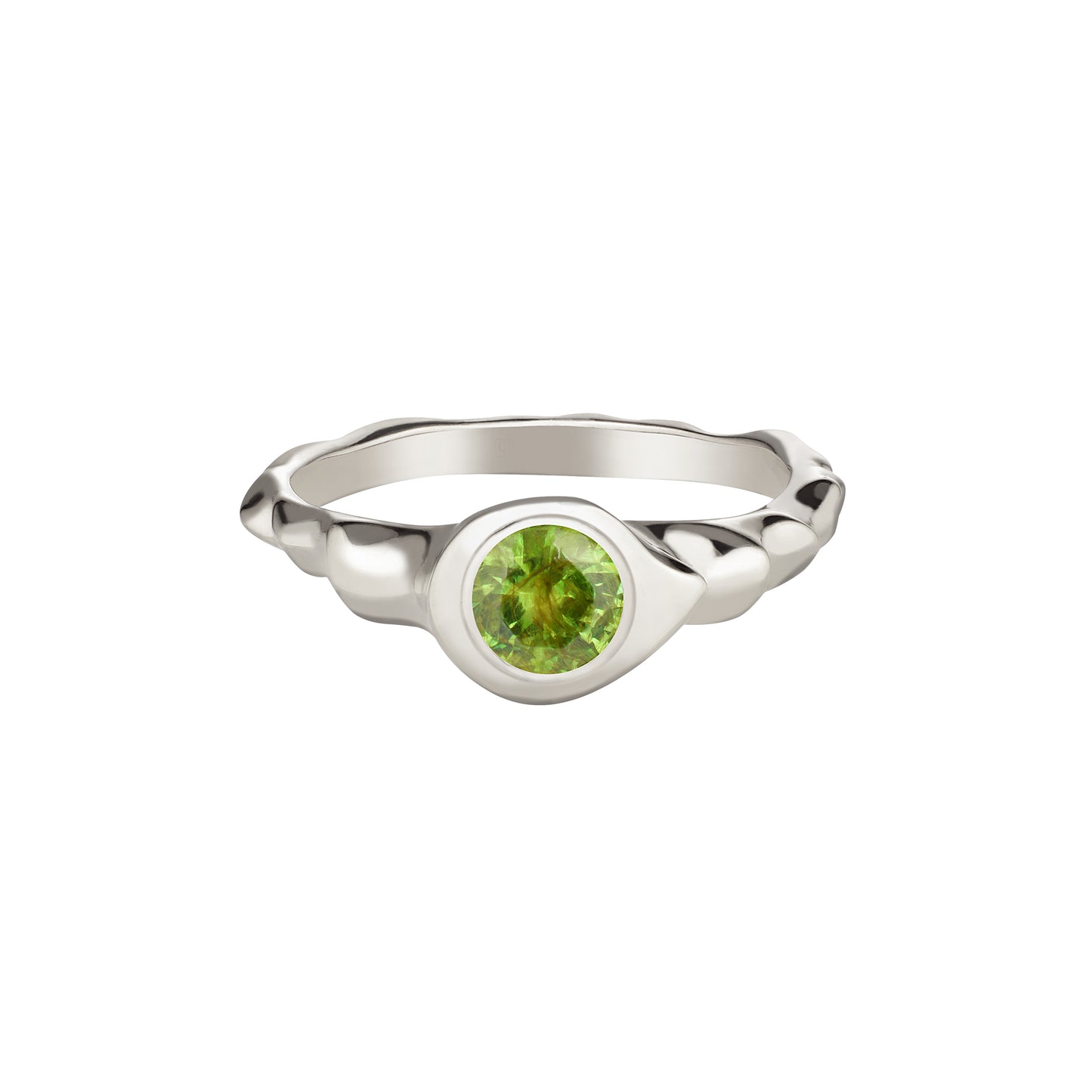 A demantoid garnet ring set in 14k white gold with a polished finish, featuring a round cut green gemstone.