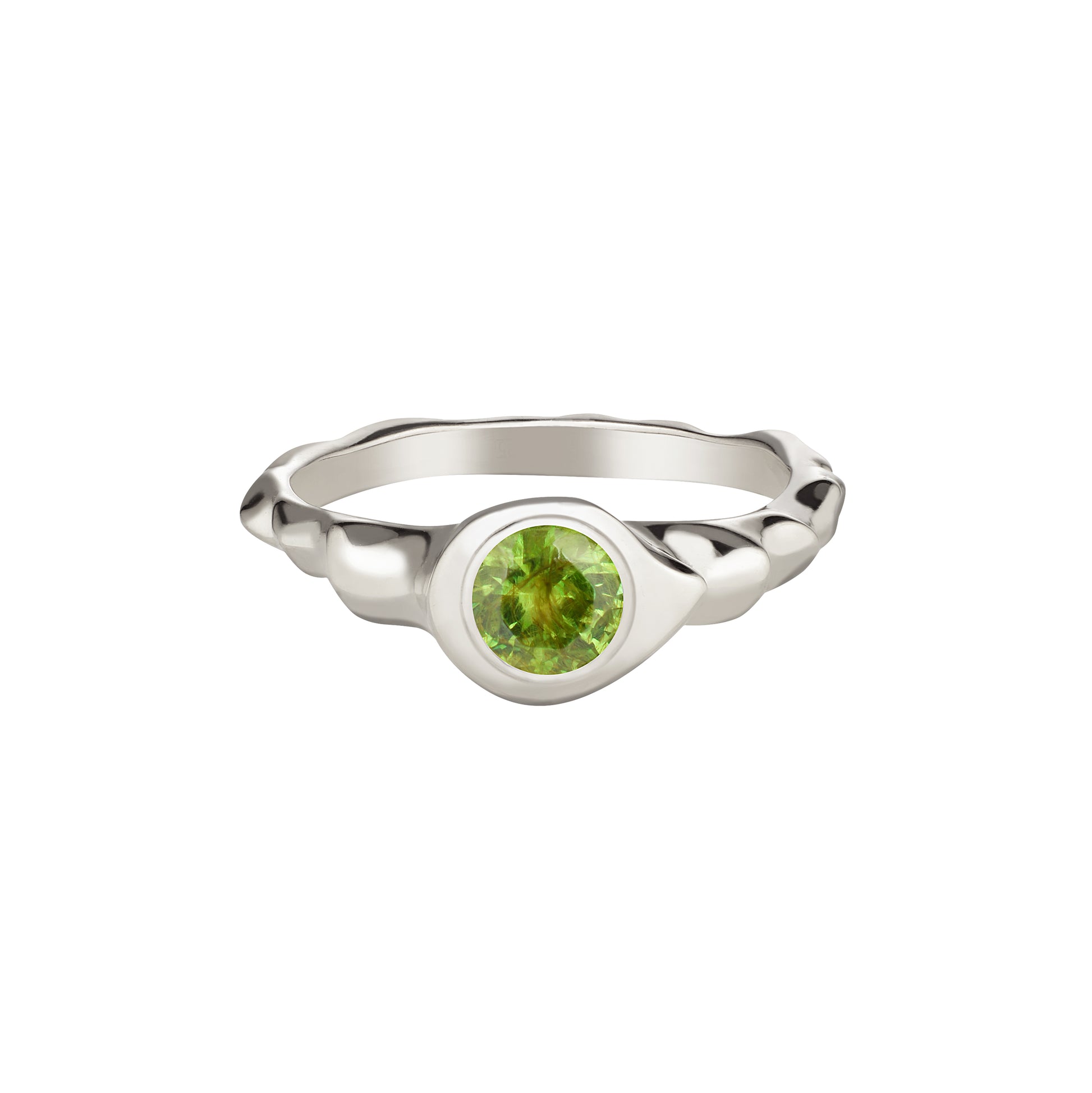 A demantoid garnet ring set in 14k white gold with a polished finish, featuring a round cut green gemstone.