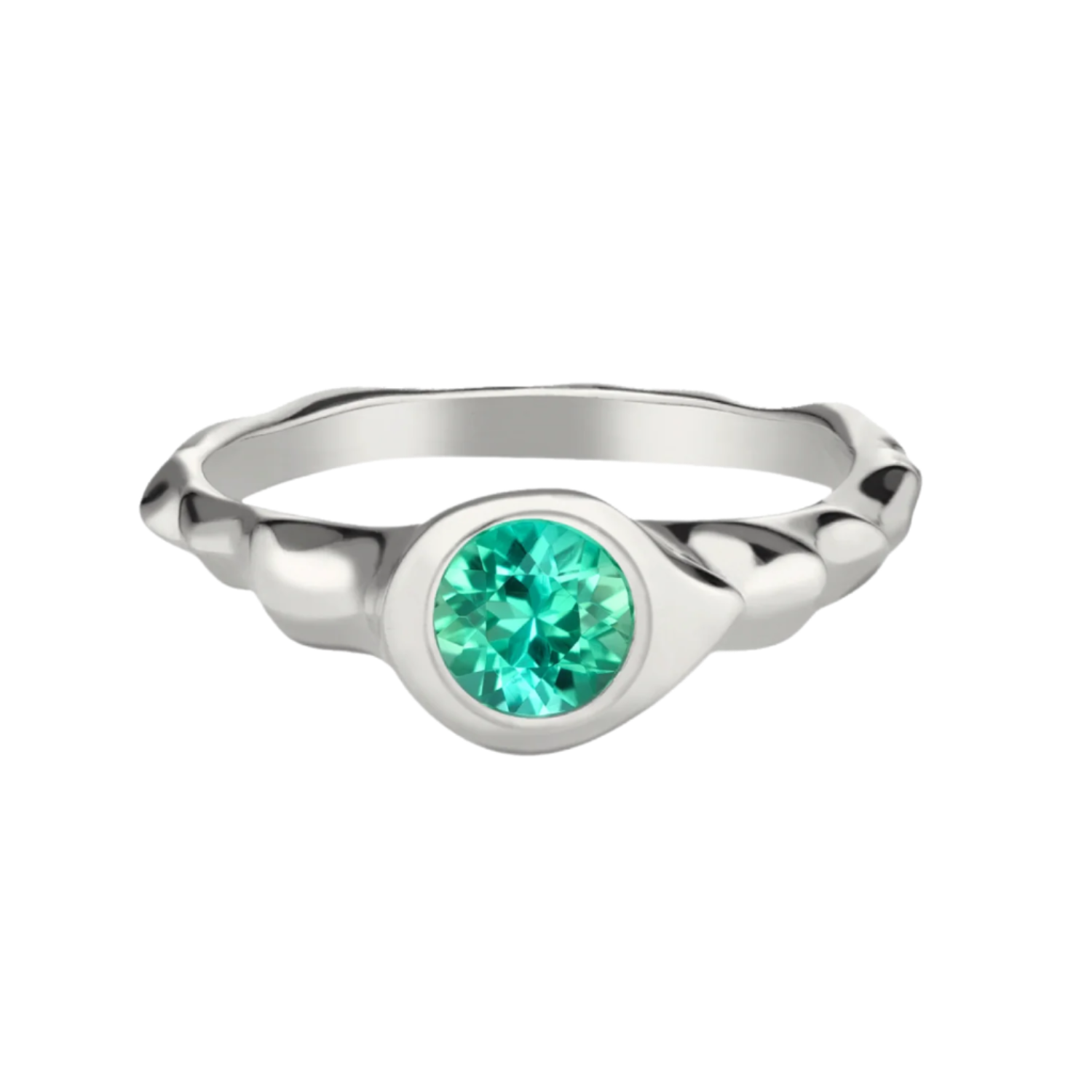 A silver rhodium-plated ring with a round cut green tourmaline stone in the center.