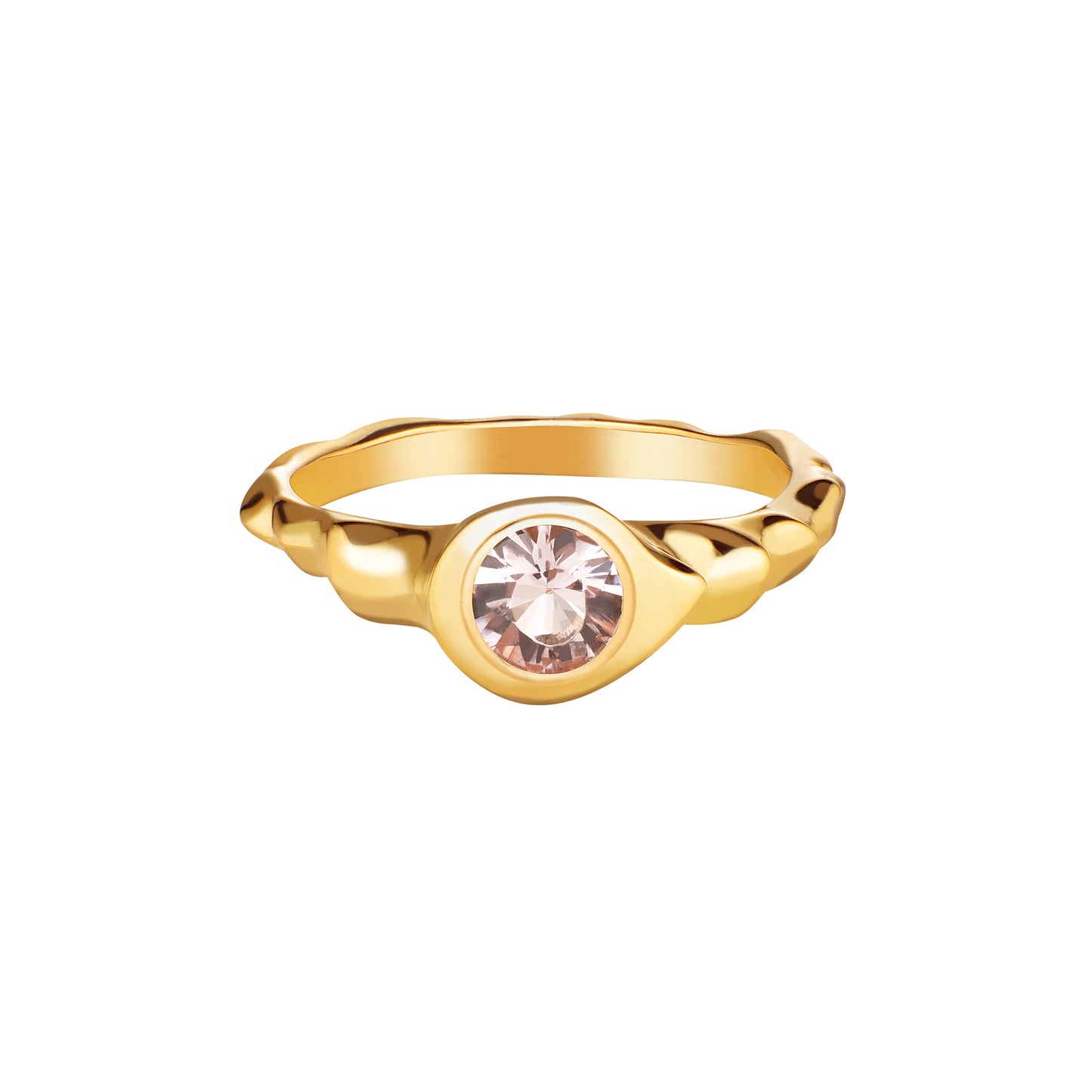 A gold-colored ring featuring a centralmorganite gemstone, set in a simple yet elegant mounting.