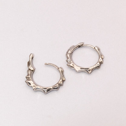 Pair of silver hoop earrings on a light gray background
