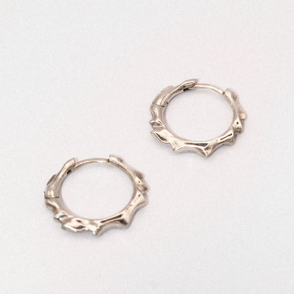 Pair of silver hoop earrings on a light gray background