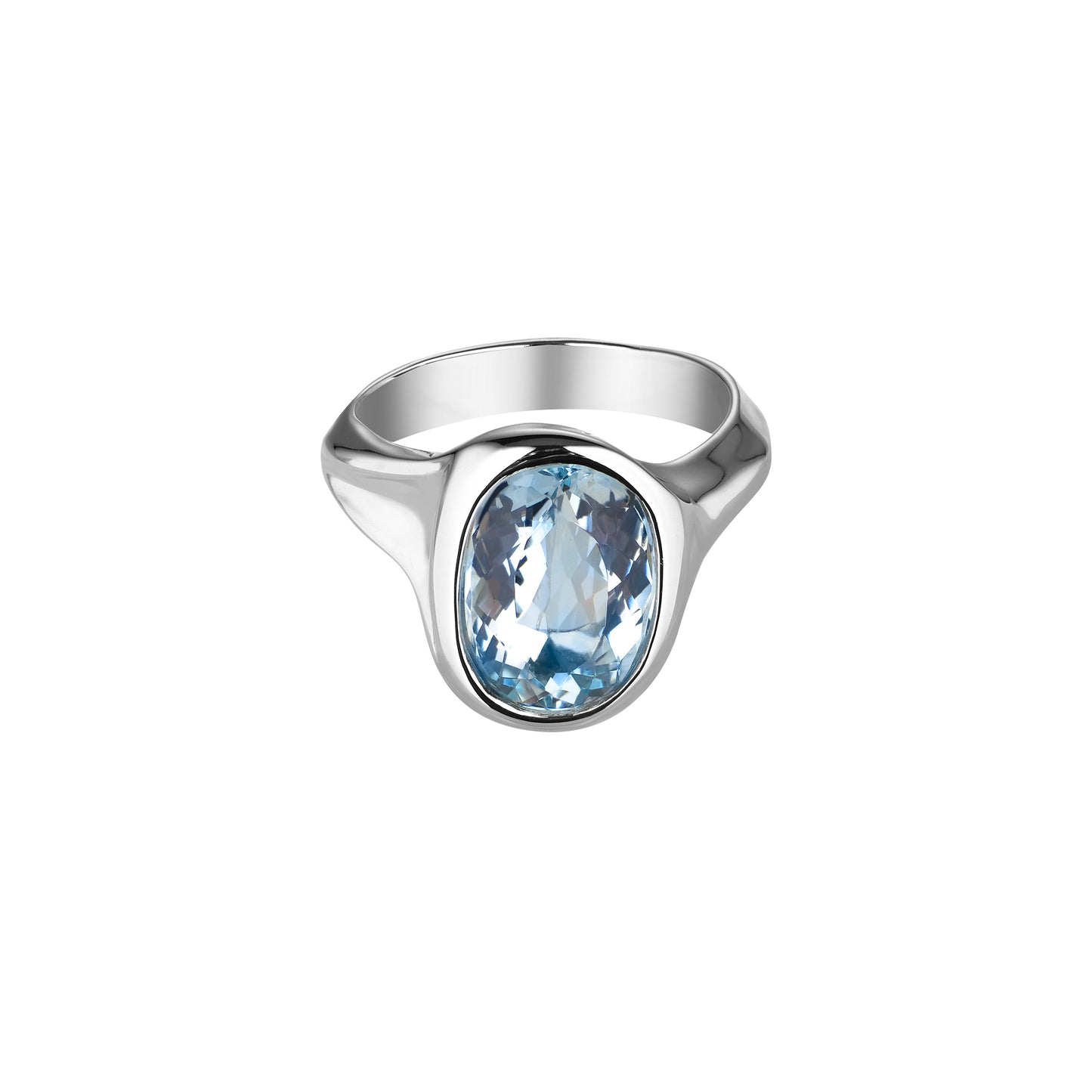 An 18K white gold ring with an oval-cut blue aquamarine centerpiece, with a polished finish.