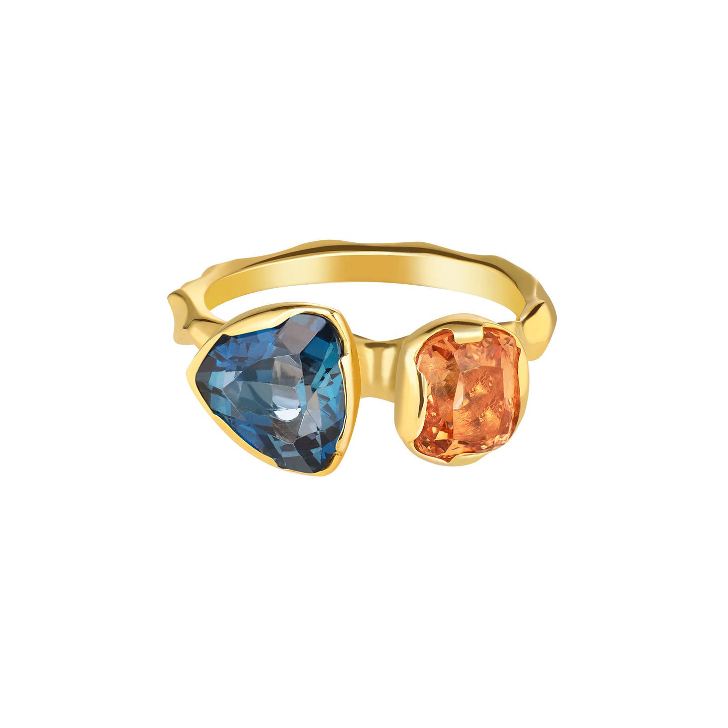 A yellow gold ring featuring a trillion-cut blue topaz on one side and a cushion-cut imperial topaz on the other, set against a white background.