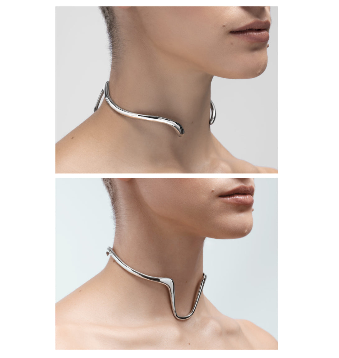 Silver choker necklace worn by a model on a plain background