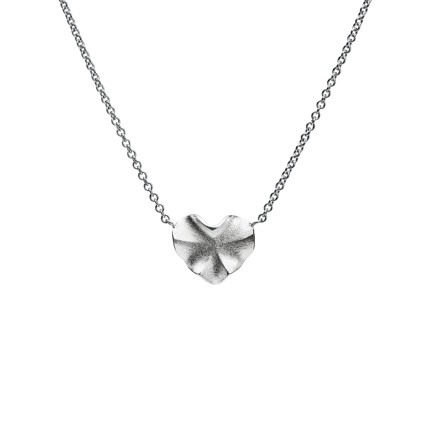 Silver heart-shaped pendant on a chain against a white background