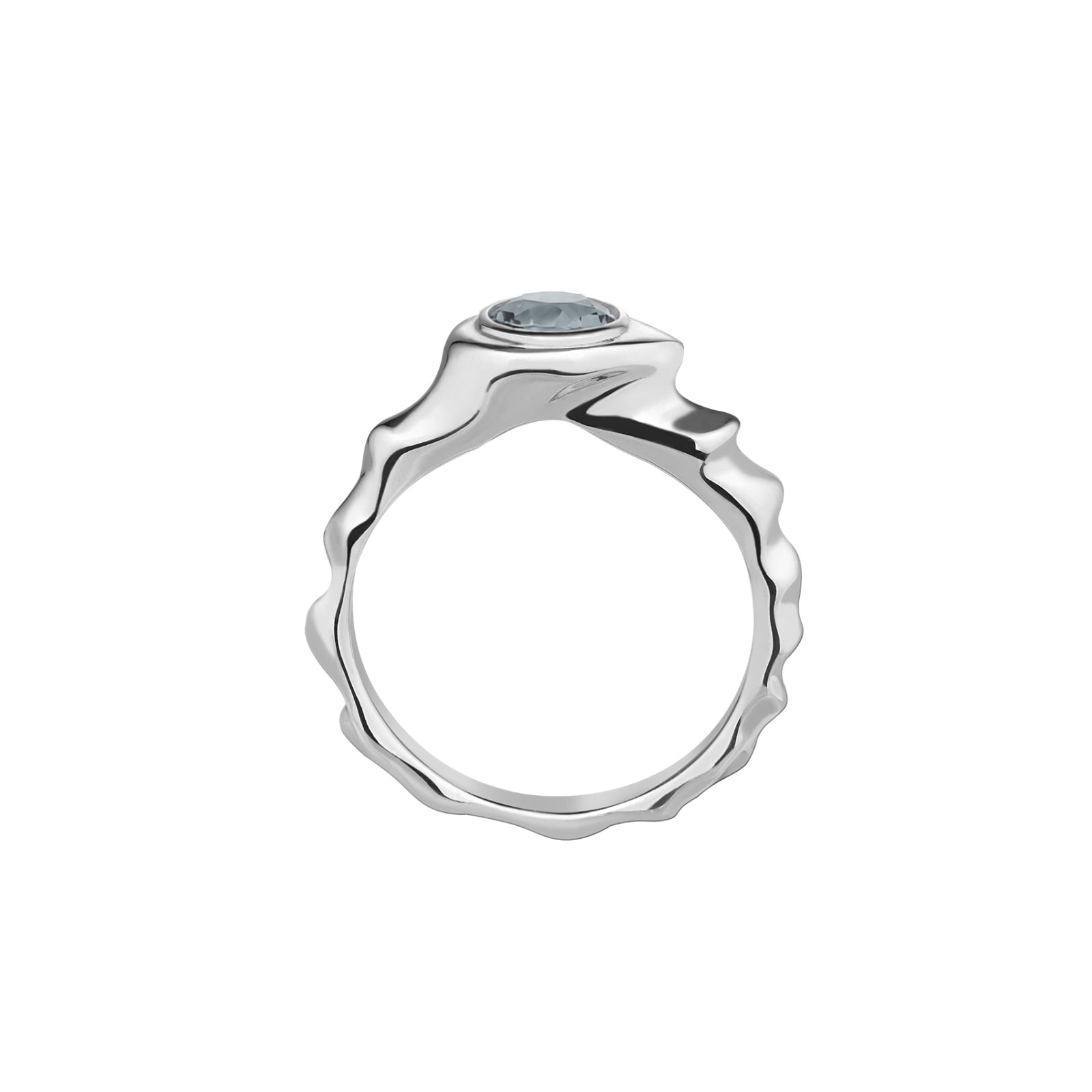 Silver ring with a blue gemstone on a white background