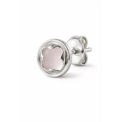 Silver stud earrings with a pink stone on a white background