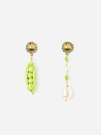 Earrings shaped like green pea pods with gold and pearl details on a white background