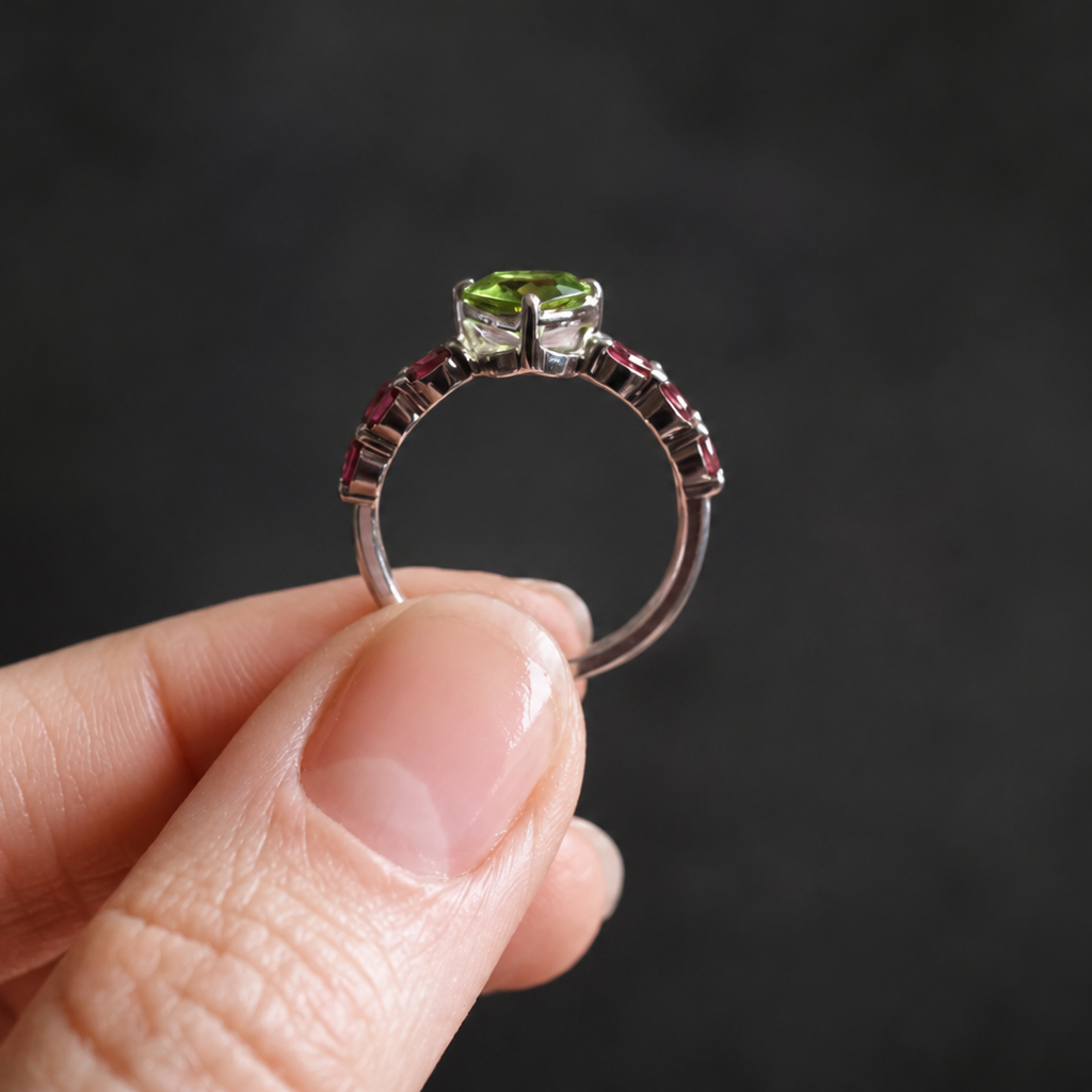 Silver ring with green gemstone held by a hand against a dark background
