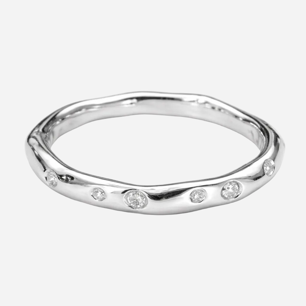 Silver ring with small diamonds on a white background