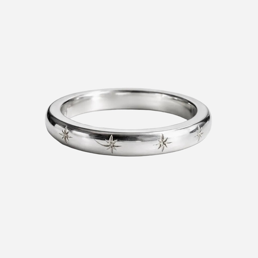 Silver ring with star designs on a white background