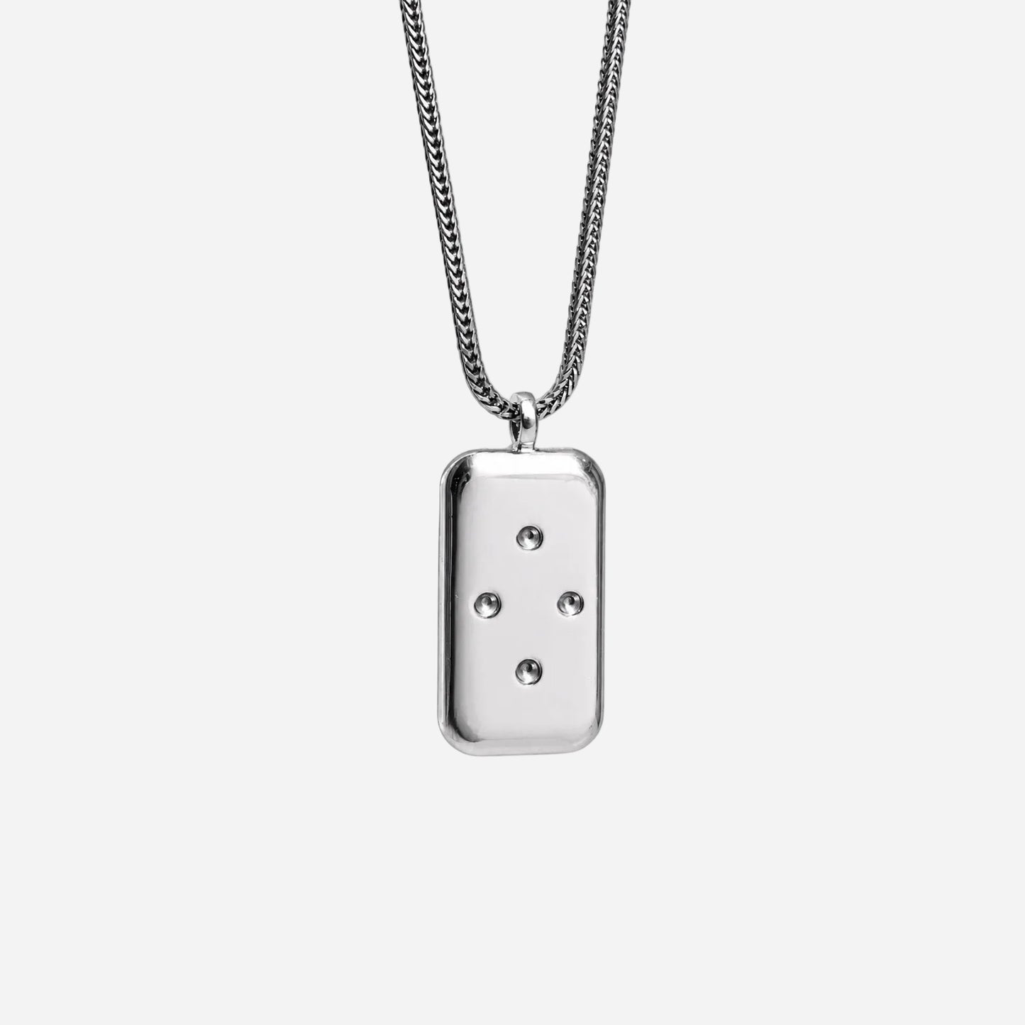 Silver necklace with a rectangular pendant on a white background