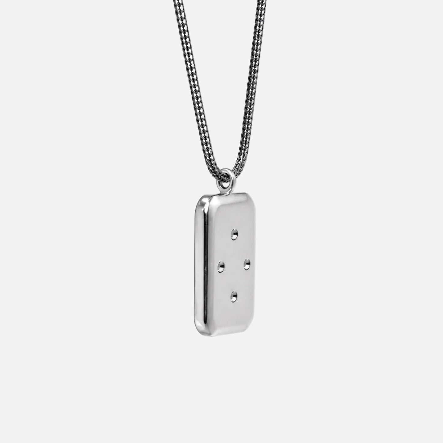 Silver rectangular pendant necklace on a white background
