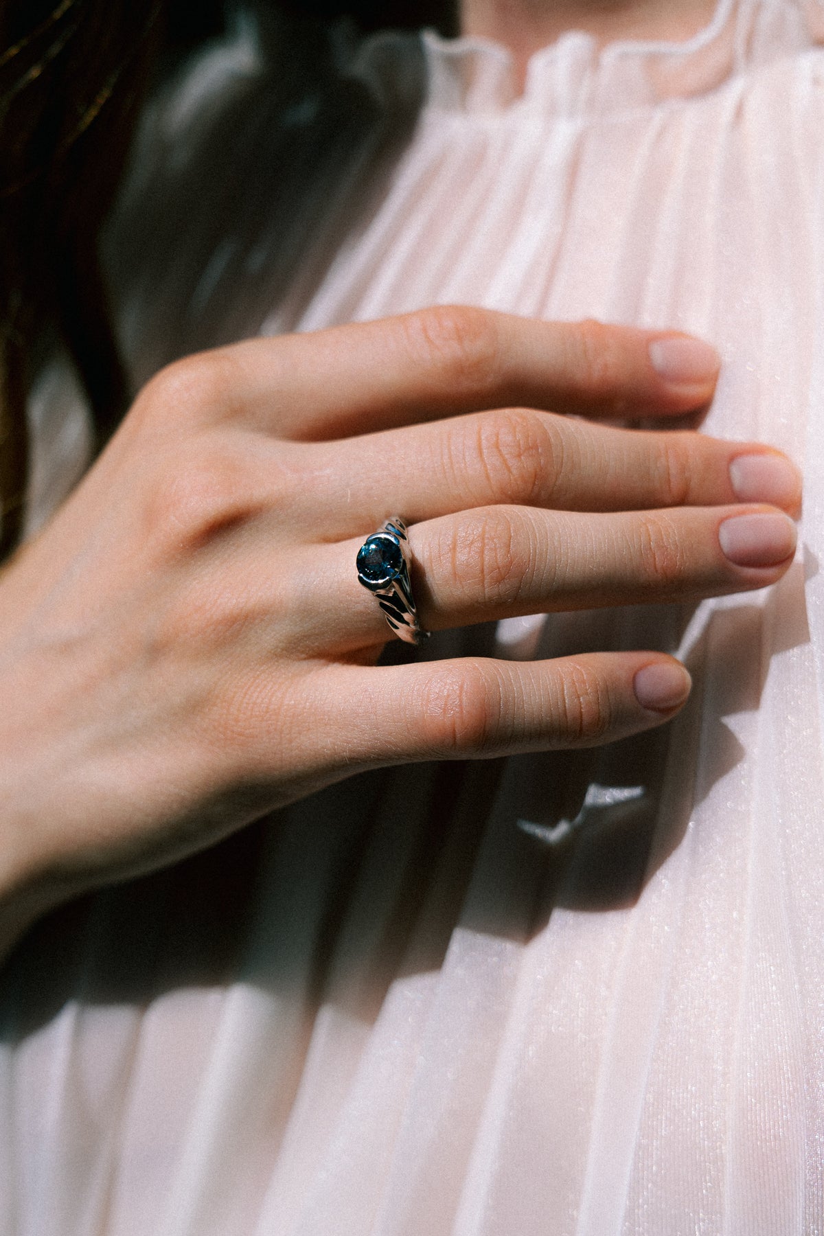 Dune Workshop Tanzanite ring worn in Girona