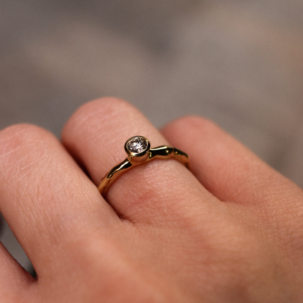 Gold ring with a diamond on a person's finger against a blurred background