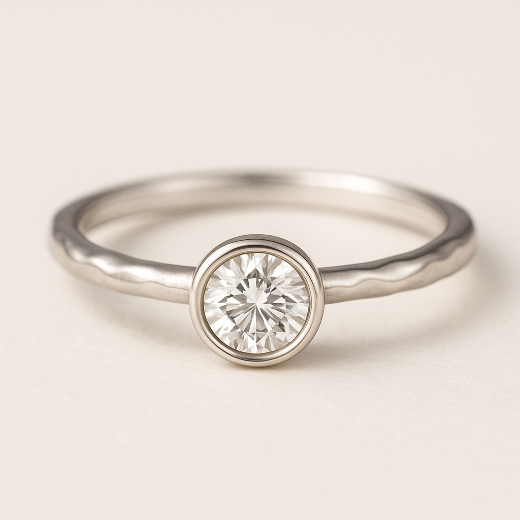 Silver ring with a diamond on a light beige background